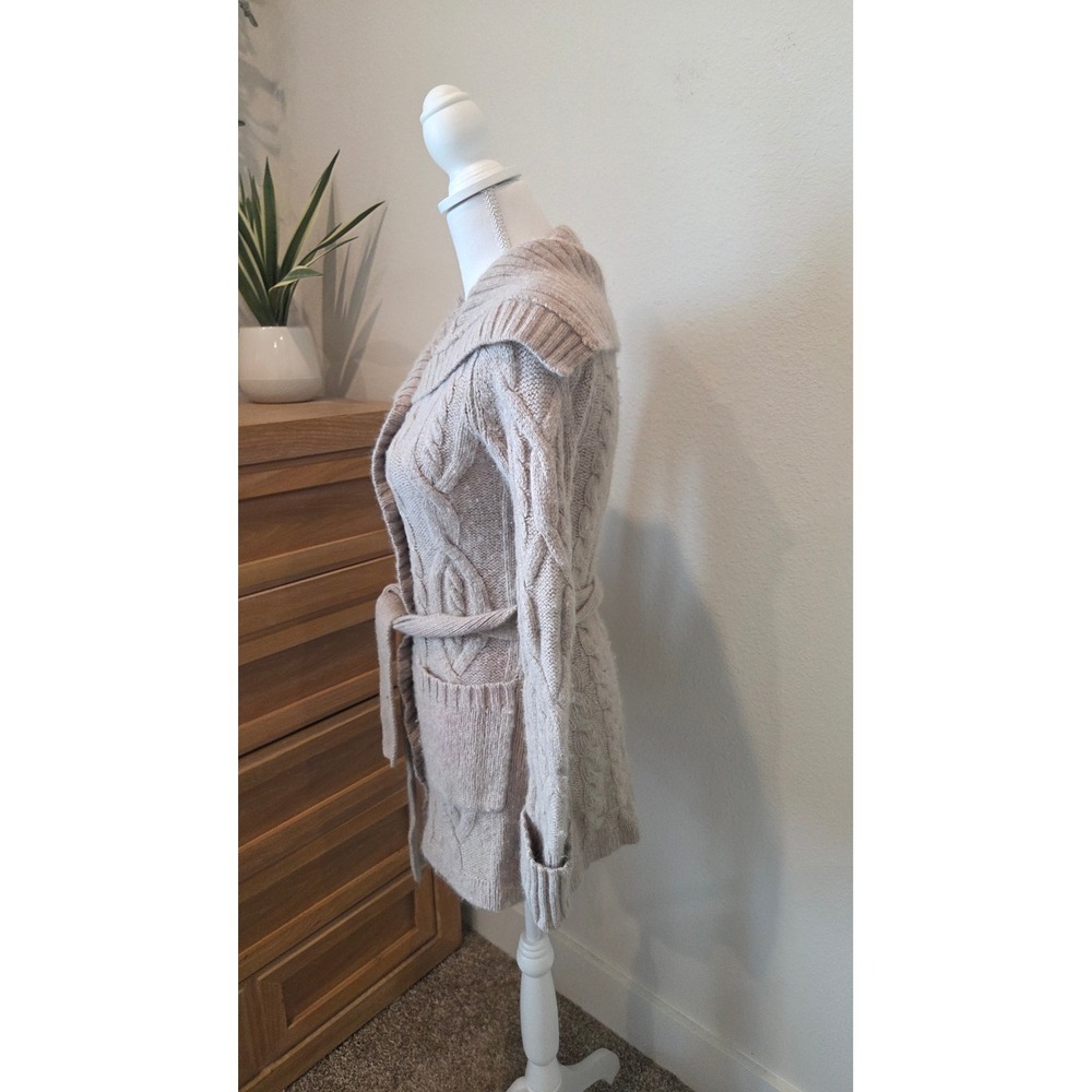 Banana Republic Beige Cable Knit Lambswool Angora Cardigan Sweater Belted Medium - Picture 12 of 16